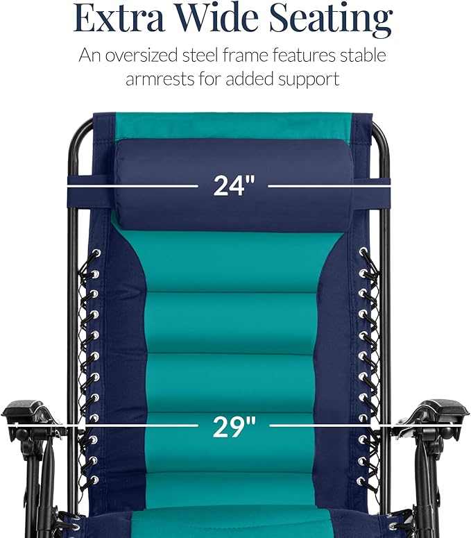 Best Choice Products Oversized Padded Zero Gravity Chair, Folding Outdoor Patio Recliner, XL Anti Gravity Lounger for Backyard w/Headrest, Cup Holder, Side Tray, Polyester Mesh - Navy/Teal BestChoiceProducts