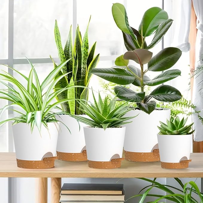 7/6.5/6/5.5/5/4 inch Self Watering Pots for Indoor Outdoor Plants, 6 Pack Plastic Flower Planters with Drainage Holes and Removable Saucers, Plant Pots with Wicking Rope, White Brown WSMKSZ
