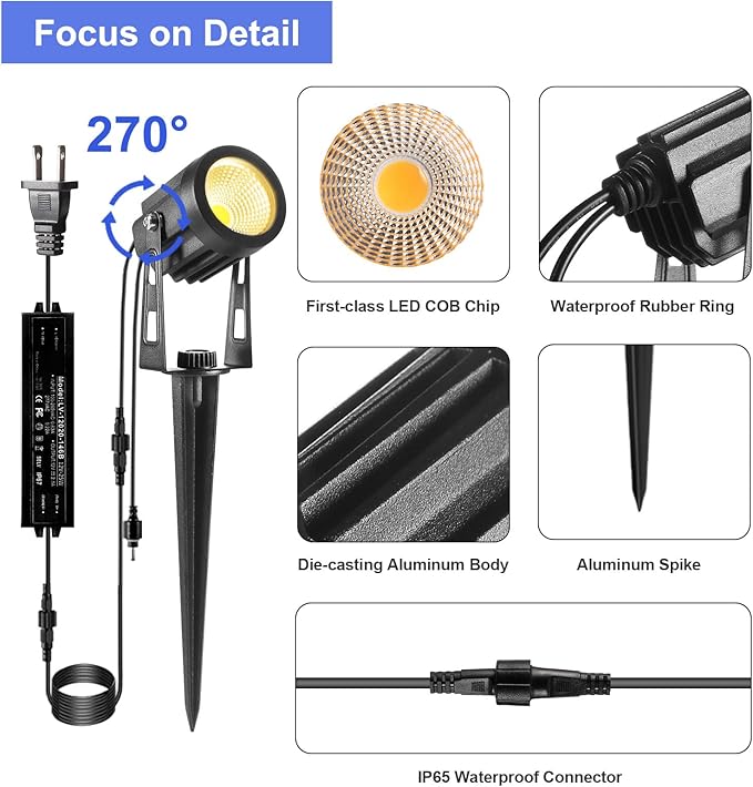 Landscape Lighting, 3W 12V Extendable Low Voltage 6 in 1 Landscape Lights with Transformer IP65 Waterproof 1800 Lumen Outdoor Spotlight for Garden Walls Trees Flag Pathway, Warm White GreenClick