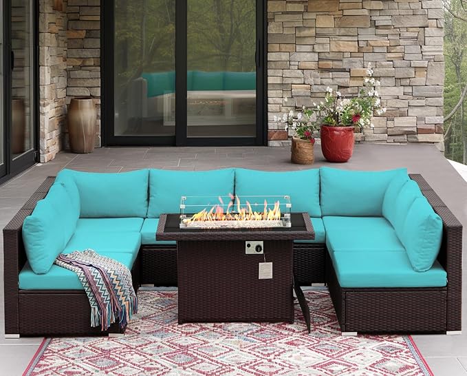 NICESOUL 9 Piece Patio Sectional Set with Firepit Natural Gas/Propane, 29.3'' High Back Tall Big Outdoor Conversation Couch Sets, Wide Sitting Furniture for Outside, Brown Rattan and Teal Cushion NICESOUL