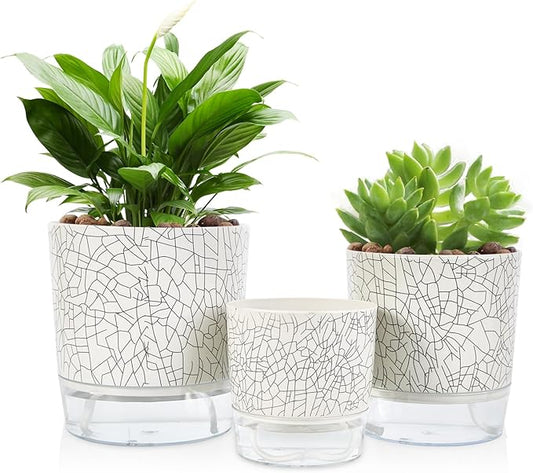 Self Watering Pots for Indoor Plants, 6 & 5 & 4 Inch Stylish Flower Pots, Set of 3 Modern Planters with Self-Watering Feature (Crack Texture) Etvski