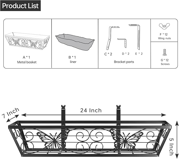 4 Pack 24 Inch Window Boxes Planters Railing Planter Box with Adjustable Brackets for Porch Fence Patio Balcony Hanging Flower Baskets with Woven Fabric for Outdoor Garden Decor - Black KarlliuHOMEGARDEN