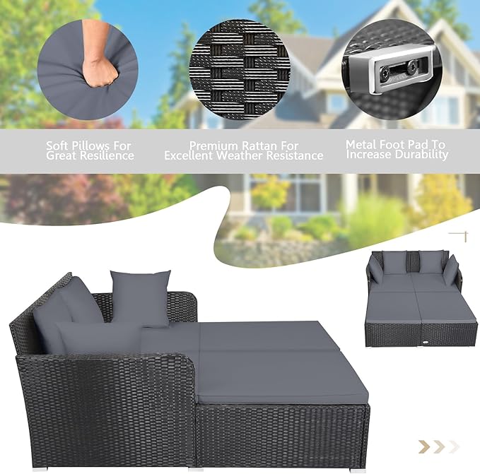 HAPPYGRILL Outdoor Rattan Daybed Patio Loveseat Sofa Set with Padded Cushion Pillows and Sturdy Aluminum Foot Wicker Patio Furniture for Garden Porch Poolside HAPPYGRILL