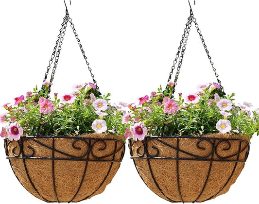 Outdoor Metal Hanging Planters Basket (2pack, 14 inch) Hanging Baskets for Plants Chain Round Wire Plant Holder with Coco Fiber Liners for Garden, Patio, Deck, Porch(Flower Border) EIMQUVW