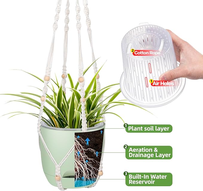 2-Pack 7..1-Inch Self-Watering Hanging Planters for Indoor & Outdoor Plants,34Inch Macrame Hanger Plant Pots Indoor with Drainage,Small Hanging Planters & Baskets,With Two Sets of Hooks（Pure green） QCQHDU