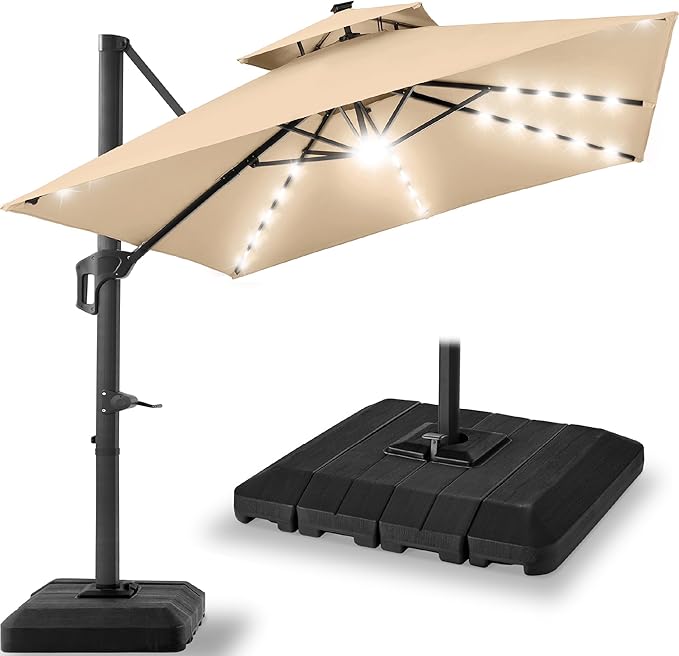 Best Choice Products 12x12ft LED Cantilever Patio Umbrella w/Base Included & 360° Rotation, Large Solar Offset Hanging Outdoor Sun Shade for Deck, Backyard Table w/Stand & Lights – Sand BestChoiceProducts