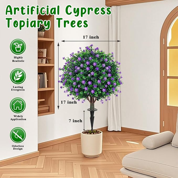 Artificial Boxwood Topiary Tree with Flower, Set of 2 Artificial Shrub Bushes with Ground Spike, Fake Evergreen Tree for Porch, Artificial Plants for Outdoor Planters Indoor UV Resistant FEELTHENEWWORLD