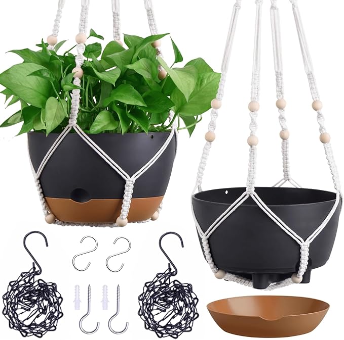 Set of 2-10 Inch Hanging Planters for Indoor Plants with Self-Watering Includes Hanging Pots for Plants, Outdoor Hanging Plant Pot with Drainage, and 2 Types of Hanging Baskets Hangers (Black, 10inch) Montresor