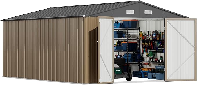 Devoko 10x14 FT Outdoor Storage Shed, Large Metal Storage Sheds with Lockable Door, Utility Garden Tool Shed with Sloping Roof, Outside Steel Storage Sheds for Patio Lawn Backyard, Brown DEVOKO