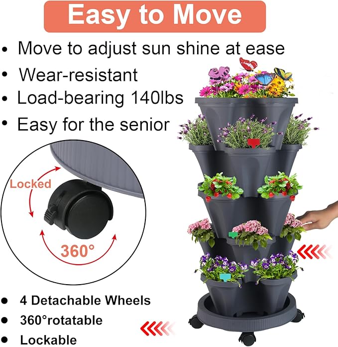 GameXcel Vertical Planter, 5 Tier Stackable Strawberry Planter with Garden Tool Set, Movable Indoor/Outdoor Garden Herb Pot for Growing Vegetables and Succulents, Dark Gray GameXcel