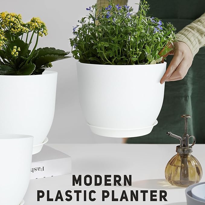 Plant Pots 10/9/8/7.5/7 inch Flower Pots with Multi Mesh Drainage Holes, Planters for Indoor Outdoor Garden Plants and Flowers. (White) AFamilyofGardenLovers
