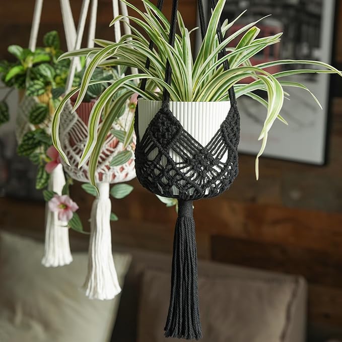 Hanging Planter with Patterns,2Packs Macrame Plant Hangers Indoor Macrame for up to 8 inch Pot Crochet Boho Plant Hanger Holder for Indoor Outdoor with 2S Shaped Stainless Steel Hooks (Black) XINBOR