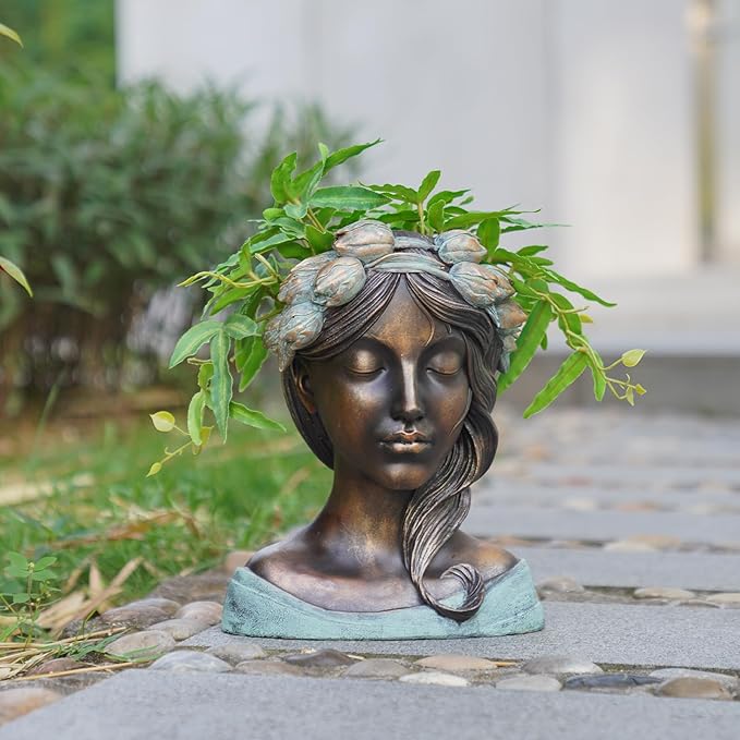 DiliComing Head Planter Face Plant Pots - 10 Inch Flower Pot Succulents Large Outdoor Planters Indoor with Drainage Resin Lady Black Statue for Garden Home Decor Porch Gift for Plant Lovers DiliComing