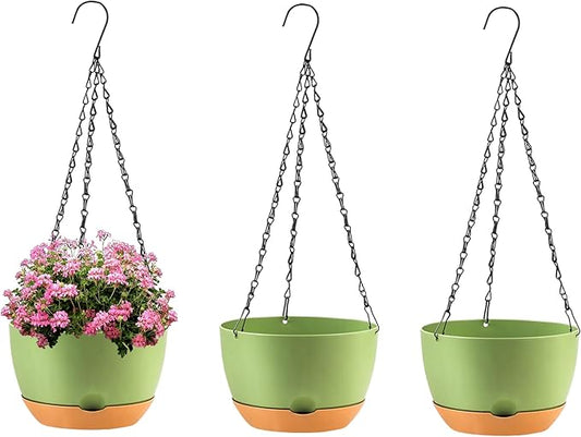 10 inch Hanging Planters for Indoor Outdoor Plants with Self-Watering Pots, 3 Pack Plastic Hanging Basket with Removable tray for Home Garden Porch Balcony Patio Decor(Green） KPUVX