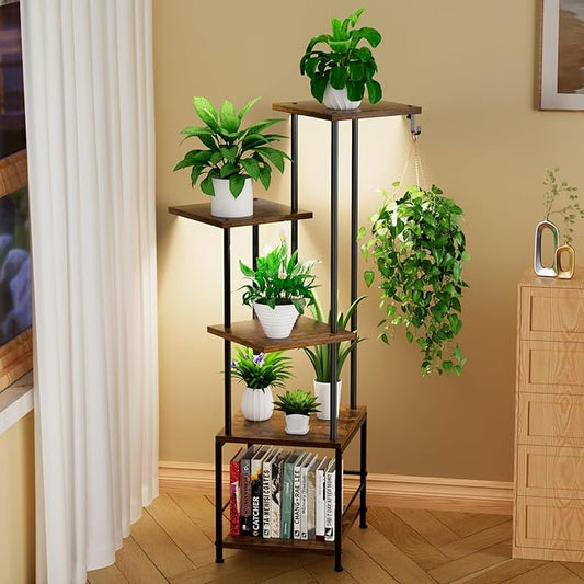 Plant Stand Indoor with Grow Light, 5-Tiered Tall Plant Stand Indoor, Metal Plant Shelf with Hanging Basket Hook and Adjustable Light, Ideal for Living Room, Garden, Patio (Black Brown) Homsorout