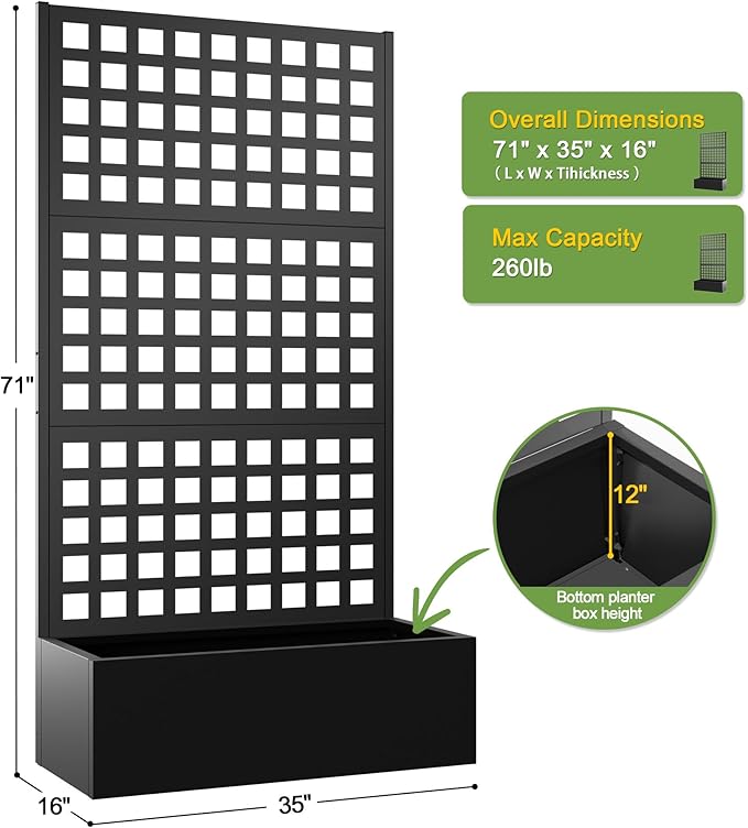 FENCY Metal Raised Garden Bed with Trellis, Metal Planter Box with Trellis, Garden Box for Climbing Plants Vegetable, 35''Lx16''Wx71''H Garden Bed with Drainage Holes(Black) FENCY