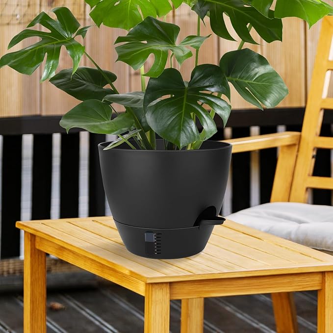 Self-Watering Plant Pots with Water Level Indicator, Drainage Holes & Saucers – 12/10/9 Inch Large Plastic Planter Set for Indoor & Outdoor Plants (Pure Black) QRRICA