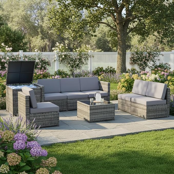 Tangkula 8 PCS Outdoor Patio Furniture Set, Rattan Wicker Sofa Set, Sectional Sofa Couch Conversation Set w/Storage Table and 12 Zippered Cushions for Garden Backyard Poolside (Grey) TANGKULA