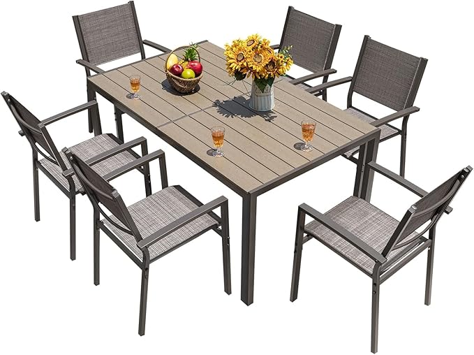 Homall Patio Dining Set 7 Pieces Outdoor Furniture with Large Table and 6 Textilene Chairs for Porch, Poolside, Yard and Garden, Light Grey Homall
