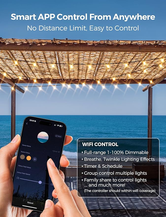 XMCOSY+ Outdoor String Lights, Smart Patio Lights 100Ft Dimmable Outdoor Lights Warm White, 50 G40 LED Bulbs, WiFi String Lights for Outside, Work with Alexa, APP Control, Waterproof Extendable XMcosy