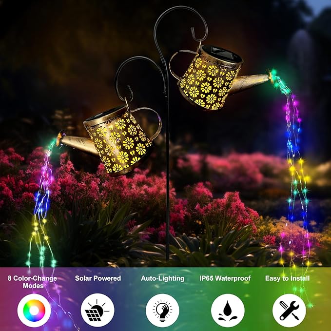 Solar Watering Can Lights Outdoor, IP65 Waterproof Garden Decor Solar Garden Light 8 Multi-Color Changing Modes One Pole Two Lights Outdoor Decorations for Yard, Lawn, Patio WITOROR