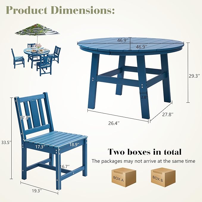 AMERLIFE 5 Piece HDPE Outdoor Dining Table & Chairs Set, All-Weather Patio Table and Chairs Set Furniture with Umbrella Hole for Garden, Backyard, Poolside, Seaside, Blue AMERLIFE