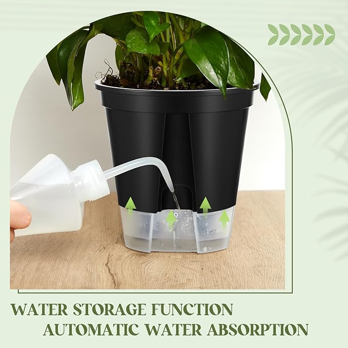 Self Watering Pots for Indoor Plants with Deep Reservoir and High Drainage Holes for Outdoor Plants and Flowers, Bare Root Planter(4.72'', 5.91'', 7.09'',Black,9 Pcs) Wonderjune