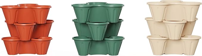 Set of 3 Stacking Planter Tower - 3-Tier Space Saving Flower Pots - Indoor/Outdoor Vertical Herb and Vegetable Planter by Pure Garden (Sand Stone) PureGarden