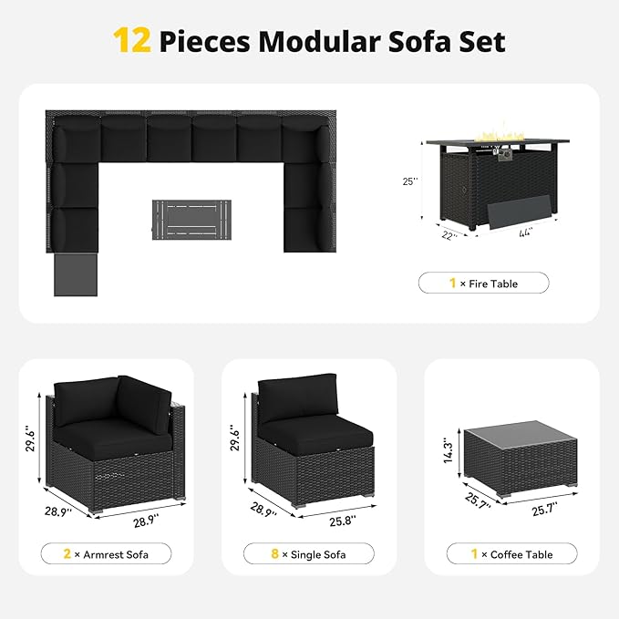 Aoxun Patio Furniture Set with Fire Pit Table, 12 Piece Outdoor Sectional Sofas, 10 Seats Wicker Rattan Outdoor Furniture with Thickened Cushion for Backyard, Garden Black Aoxun