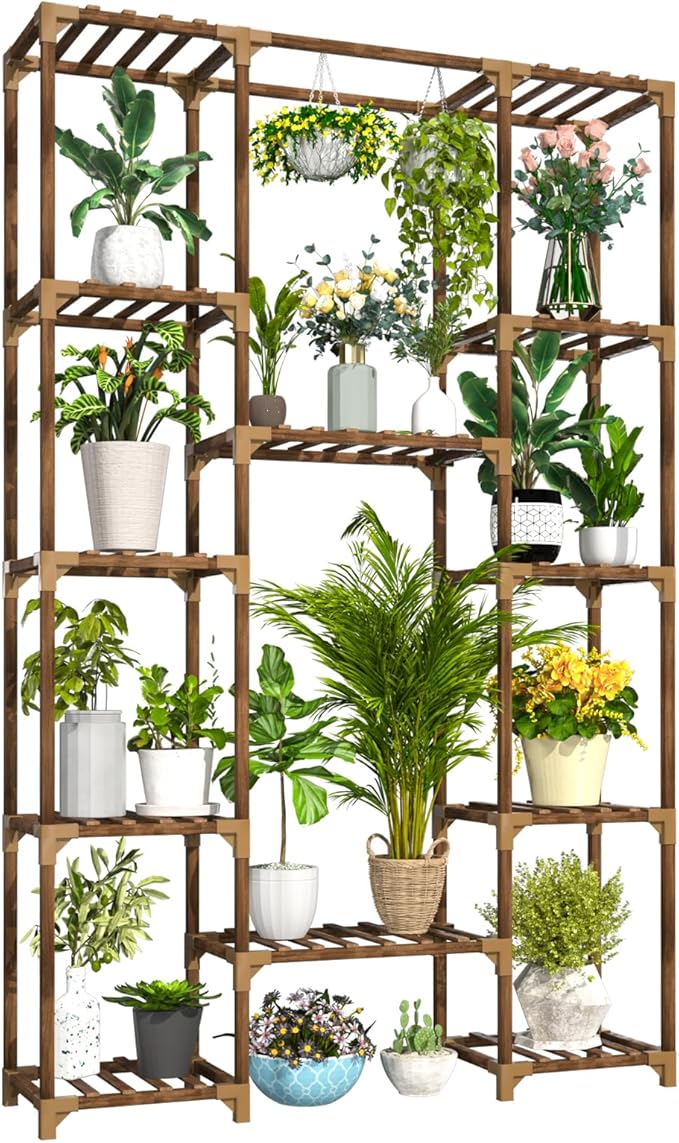 Uneedem Tall Indoor Outdoor Plant Stand - Large 12 Tier Plant Rack with Wooden Shelves for Room, Balcony, Garden, Patio Uneedem