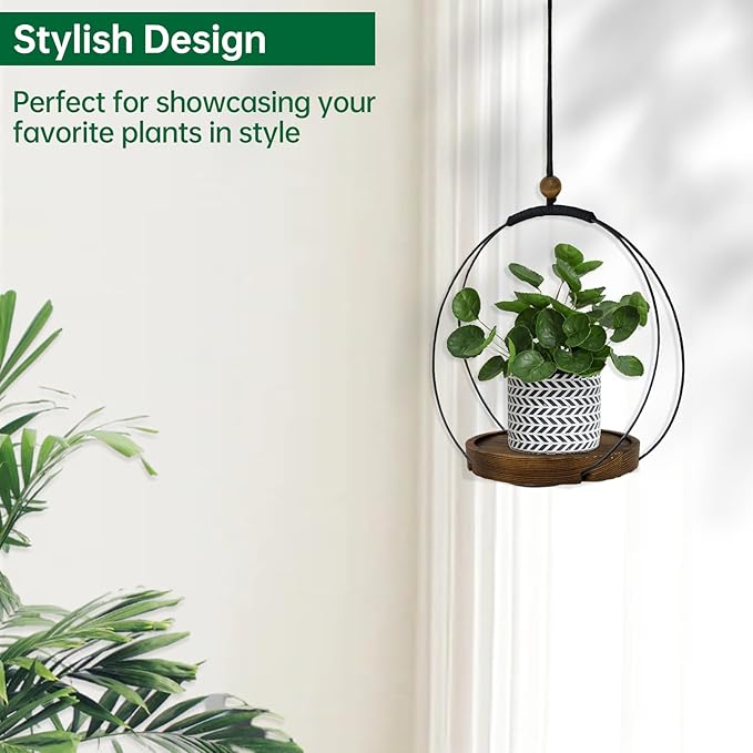 Hanging Planters for Indoor Plants,Plant Hanger with Sturdy Wood Base,Modern Boho Macrame Plant Hanger,Wall Ceiling Window Stands(Plants/Pots Not Included) (2 Pack-Circle) hismocal