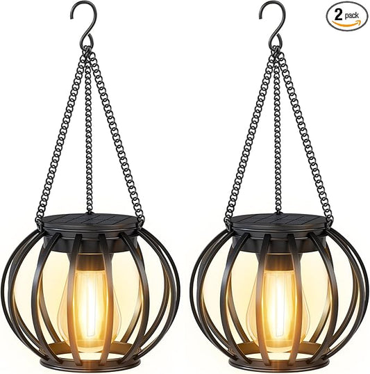 Solar Lanterns Outdoor Waterproof: 2 Pack Metal Hanging Decorative Solar Lights for Pathway Patio Garden Yard - 800mAh Lighting Auto On/Off - IP65 Rustproof Outdoor Lights - Gifts for Mom Women NESSTU