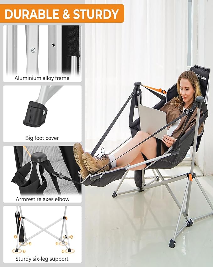 KingCamp Hammock Chair with Footrest – Heavy Duty Swinging Rocking Camping Chairs for Adults up to 400lbs, Folding Portable Oversized Rocker with Cup Holder & Pillow for Outdoor Beach Lawn RV Sports KingCamp