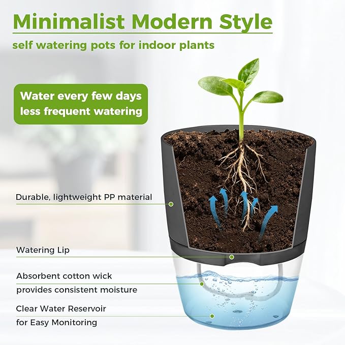 Planterhoma 5 Pack Self Watering Pots for Indoor Plants, 9 Inch Plant Pot Plastic Self Watering Planter for Orchid, Monstera, Lily, Large Clear Flower Pots with Drainage Holes and Wicking Rope, Gray Planterhoma
