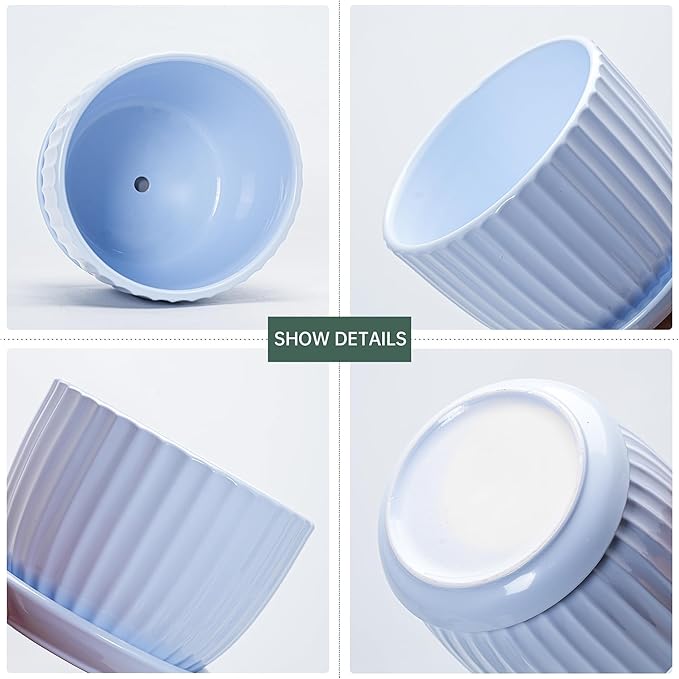 Ton Sin Sky Blue Ceramic Flower Pots, 4"+5"+6" Inch Small Succulent Planters with Drainage Hole,Modern Indoor Decorative Plant Pots Set of 3,Garden Pots with Saucer(Blue) TonSin