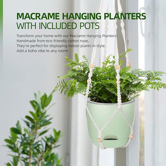 2-Pack 7..1-Inch Self-Watering Hanging Planters for Indoor & Outdoor Plants,34Inch Macrame Hanger Plant Pots Indoor with Drainage,Small Hanging Planters & Baskets,With Two Sets of Hooks（Pure green） QCQHDU