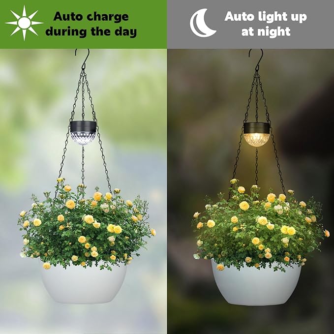 BAYN 2 Packs Solar Hanging Basket Planters for Plants Outdoor, Self Watering White Flower Plants Pots with Solar Light Drainer for Balcony Patio Garden Outdoor Decoration BAYN