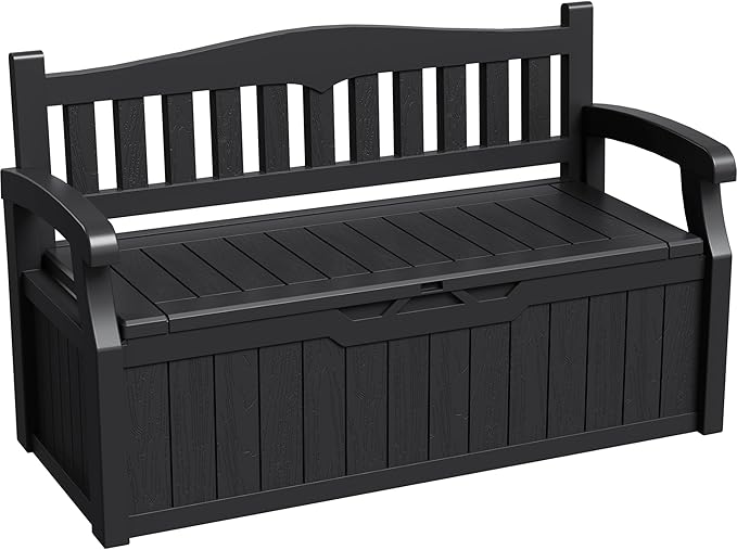 Greesum 80 Gallon Deck Box Storage Bench, Patio Furniture, Lockable, Waterproof and UV Resistant,with Armrest, Suitable for Garden, Porch, Poolside, Dark Black BuynowfromGreesum
