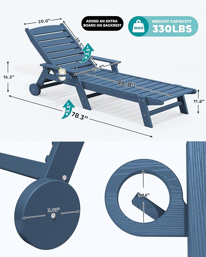 SERWALL Patio Chaise Lounge Chair Set of 2 with 9FT Patio Umbrella, 78'' HDPE Outdoor Lounger, Poly Lounge Chair with Rolling Wheels & Cup Holder for Pool,Blue (Umbreall Base not Included) SERWALL