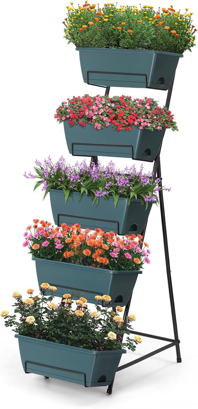 5 Tier Vertical Raised Garden Bed Planter Box, Vertical Raised Bed with Drainage Holes for Indoor Outdoor Herbs Flowers Vegetables Plants,Green Fogein