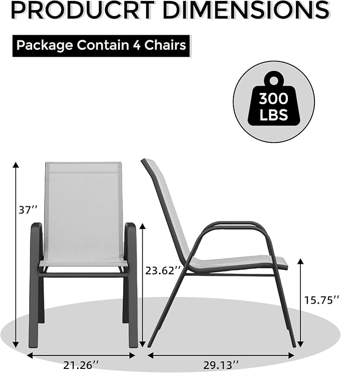 Outdoor Stackable Dining Chairs Set of 4, High-Back Patio Stacking Chairs, Patio Chairs with Textilene Farbic & Metal Frame for Lawn Backyard Deck Garden,Grey Rootora