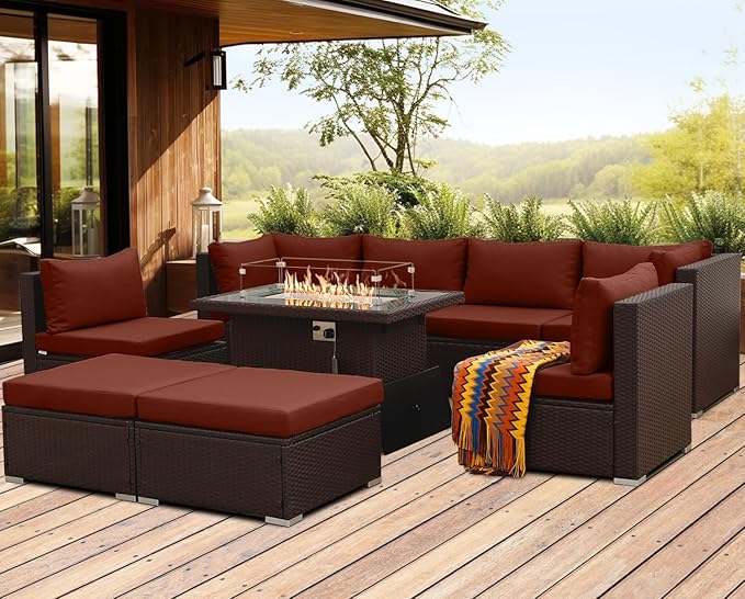 NICESOUL 9 Pcs Large Outdoor Patio Furniture Set with Firepit Natural Gas & Propane, 29.3 High Back Comfy Conversations Sofa Sets Modular, Wide Sectional for Heavy Weight, Brown Rattan and Red Cushion NICESOUL