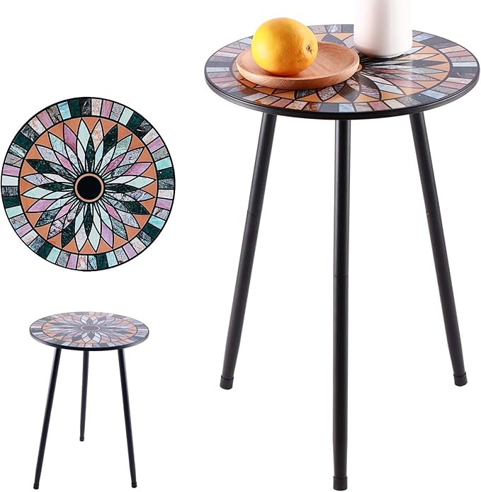 Party Zealot Metal Mosaic Round Side Tables Set of Two 13.4" Small Outdoor Patio Round Accent Coffee Tables Indoor Corner Stand for Small Spaces Weather-Resistant for Balcony Plant Stand PartyZealot