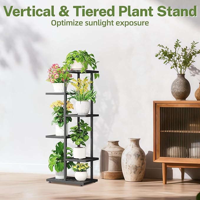 iDavosic.ly Plant Stand with Grow Light Indoor Outdoor, 5-Tier Tall Metal Flower Shelf for Heavy-Duty Large Planters, Corner Orchid Display Rack for Living Room Balcony Patio Porch, Modern Black iDavosicly