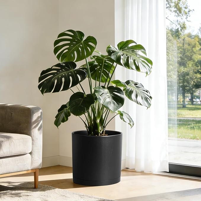 14 Inch Heavy-Duty Cylinder Deep Planter for Indoor Outdoor Plants, Tall Large Plastic Plant Pot with Drainage Holes and Saucer, Decorative Flower Pot for Patio Garden, Black WSMKSZ