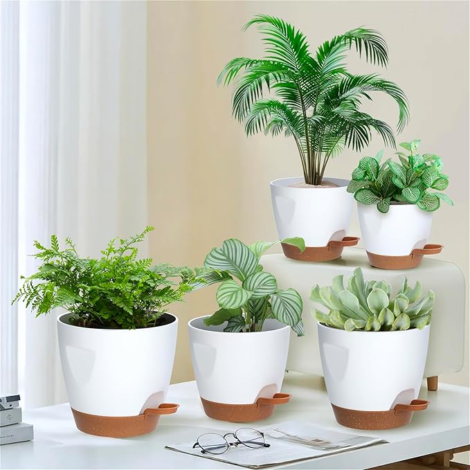 5-Pack Plant Pots with Drainage for Winter Care 7/6.5/6/5.5/5 Inch, Self Watering Pots for Indoor Plants, Planters for Indoor Outdoor Plants, Plastic Flower Pot, Planter for Indoor Outdoor (White) Rootora