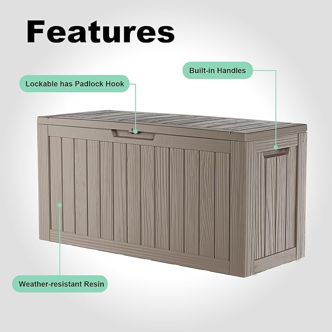 ROJIK Outdoor Storage Housing Deck Box - Waterproof Patio Furniture, Garden Tools, Cushions, Pool Accessories Storage Bench with Lockable Lid and Side Handles (Grey 88 Gal) ROJIK