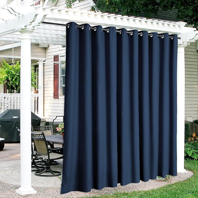RYB HOME Extra Wide Outdoor Curtains for Patio Waterproof Heavy Duty Thermal Insulated in Summer Full Coverage Privacy for Porch, Cabana & Pool, W150" x L84", Navy Blue, 1 Panel RYBHOME