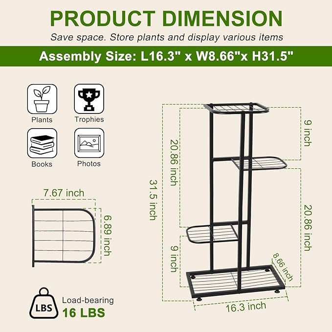 Plant Stand Indoor Outdoor, Corner Metal Plant Stands, Heavy Duty Tall Planter Shelf for Multiple Plants, Flower Pot Holder for Patio Garden Balcony Living Room (Black, 4 Tier-5 Potted) Rootora