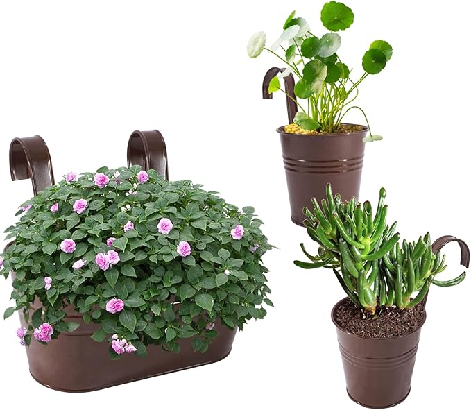 HowRU Metal Iron Flower Pots for Railing Fence Hanging Bucket Pots(5 Pcs) and Hanging Flower Pots Metal Iron Bucket Planter(10 Pcs) (Bronze) HowRU